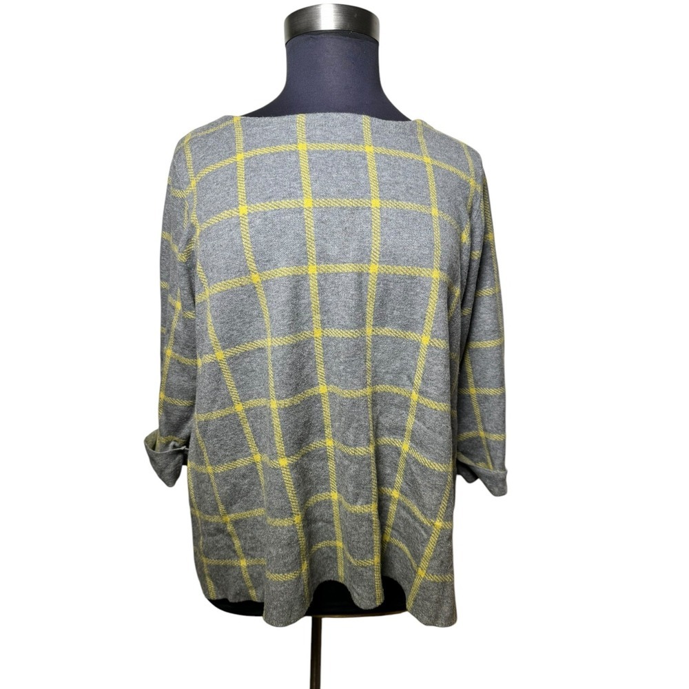 Cynthia Rowley 3X Womens Sweater Windowpane Plaid Grey Yellow Stretch Knit Plus